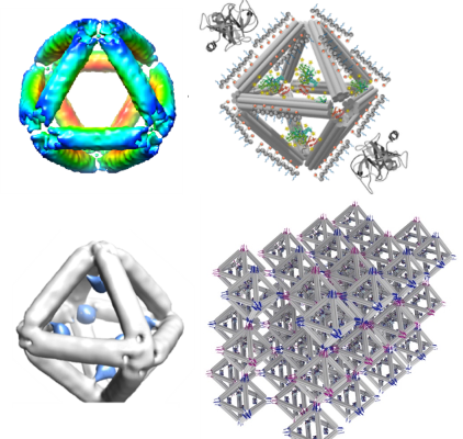 An image showing various schematics of an octahedron constructed of DNA. One is a digital reconstruction, one is a schematic showing how contents are loaded into the octahedron. One highlights the binding sites in the octahedron, and the last shows how the octahedrons can be connected to form a 3D lattice.