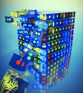 A stack of cubes with different color dots in the center. These are an analogy to how ordered materials could be constructed with our research.