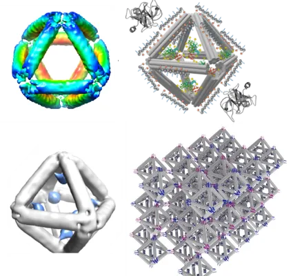 An image showing various schematics of an octahedron constructed of DNA. One is a digital reconstruction, one is a schematic showing how contents are loaded into the octahedron. One highlights the binding sites in the octahedron, and the last shows how the octahedrons can be connected to form a 3D lattice.