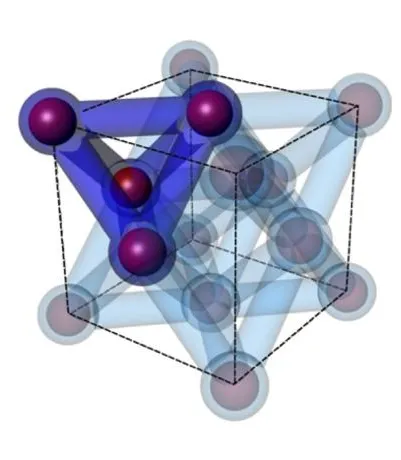 An image of nanoparticles assembled into a lattice, connected by blue lines representing reinforced DNA struts.